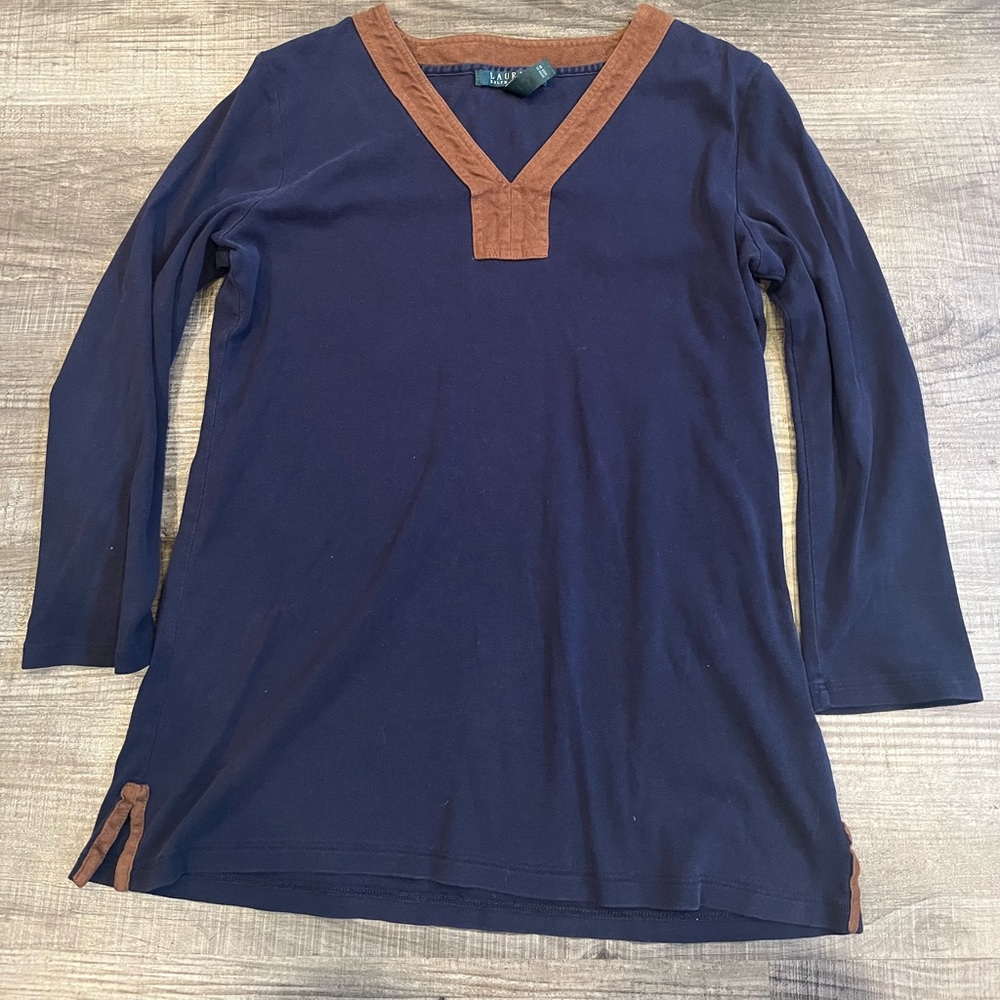 Lauren Ralph Lauren Shirt Womens Medium Blue Faux Leather Trim V Neck